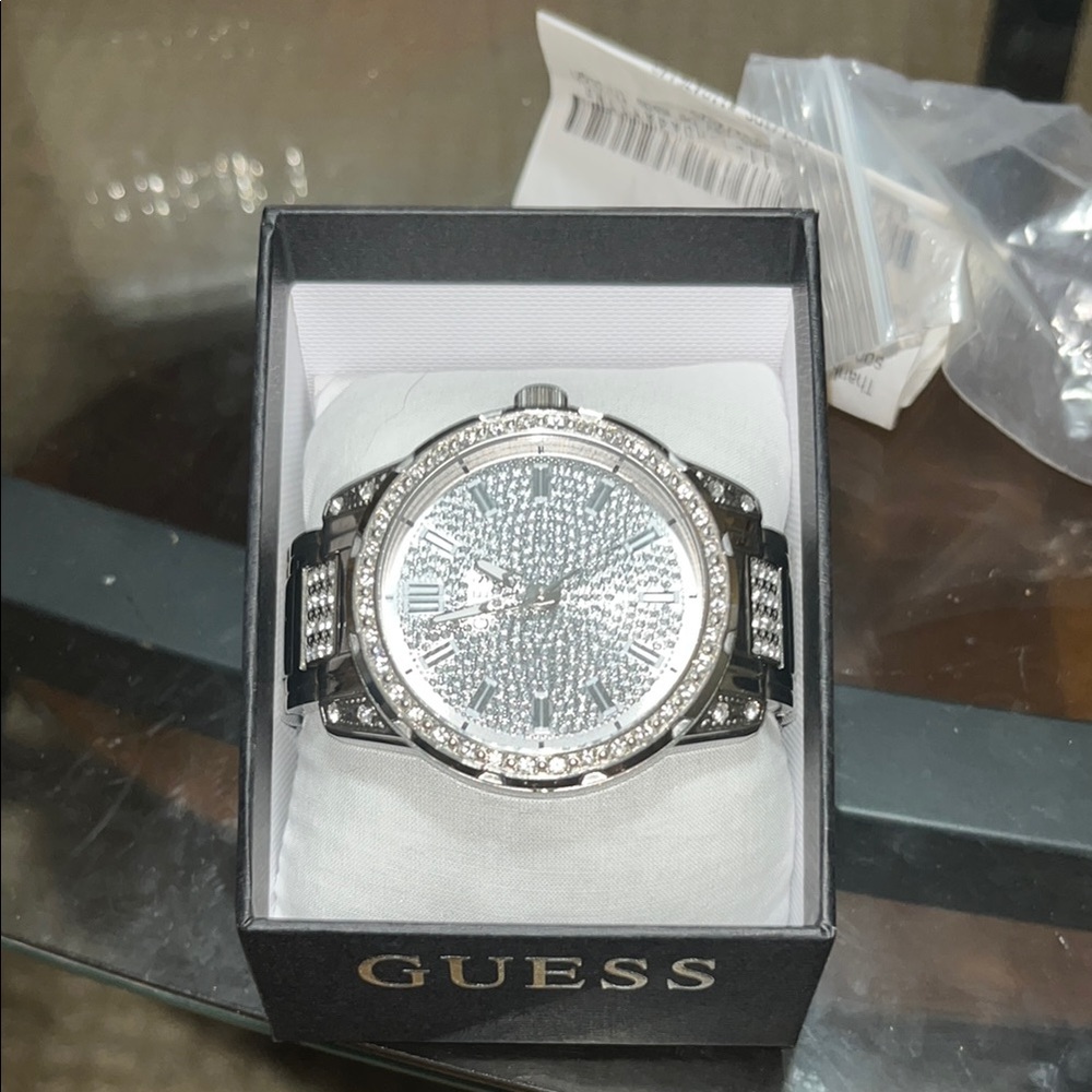 GUESS Silver and Black Crystal Embellished Watch